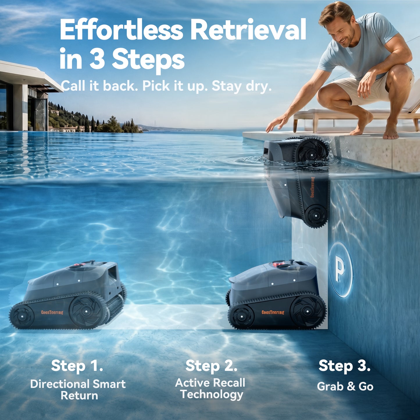 CoasTeering Astra Cordless Pool Vacuum Robot, with 11160 GPH Strong Suction, Floor/Wall/Waterline Cleaning, Smart Retrieval, 180 Mins Runtime, for Inground & Above Ground Pools
